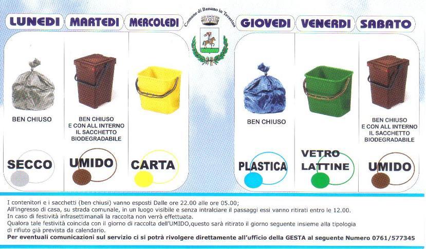 Calendario settimanale raccolta differenziata, Comune di Bassano in Teverina